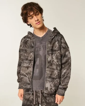 Boxy Thermal-Lined Camo Zip-Up Hoodie
