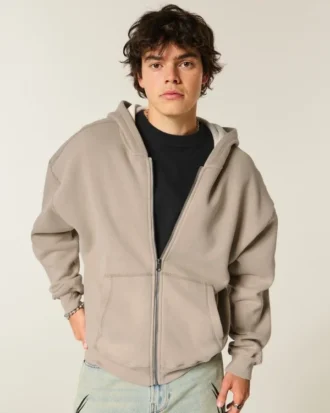 Boxy Thermal-Lined Zip-Up Hoodie
