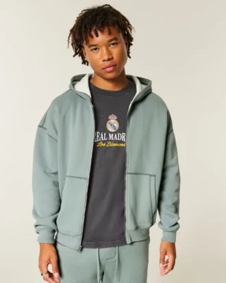 Boxy Thermal-Lined Zip-Up Hoodie