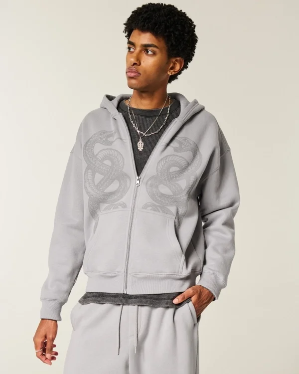 Boxy Zip-Up Double Snake Graphic Hoodie Boxy Zip-Up Double Snake Graphic Hoodie