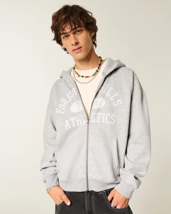 Boxy Zip-Up Forest Hills Athletics Graphic Hoodie Boxy Zip-Up Forest Hills Athletics Graphic Hoodie