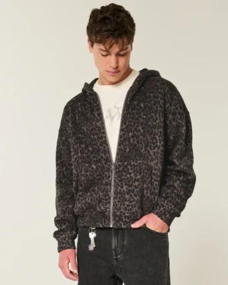 Boxy Zip-Up Leopard Print Hoodie
