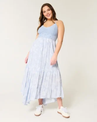 Crochet-Style Mix V-Neck Maxi Dress