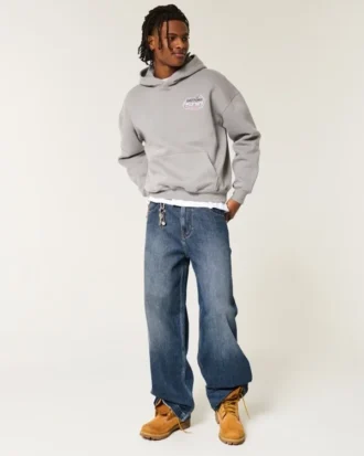 Dark Wash Logo Embroidery Super Baggy Jeans