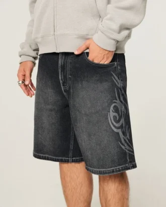 Double-Graphic Baggy Denim Shorts