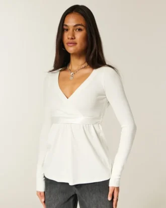 Easy Long-Sleeve Wrap-Front Babydoll Top