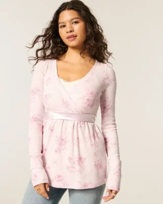 Easy Long-Sleeve Wrap-Front Babydoll Top