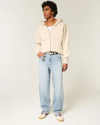 Embroidered Light Wash Skater Baggy Jeans
