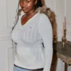 Faux Fur Trim Hooded Cable-Knit Sweater