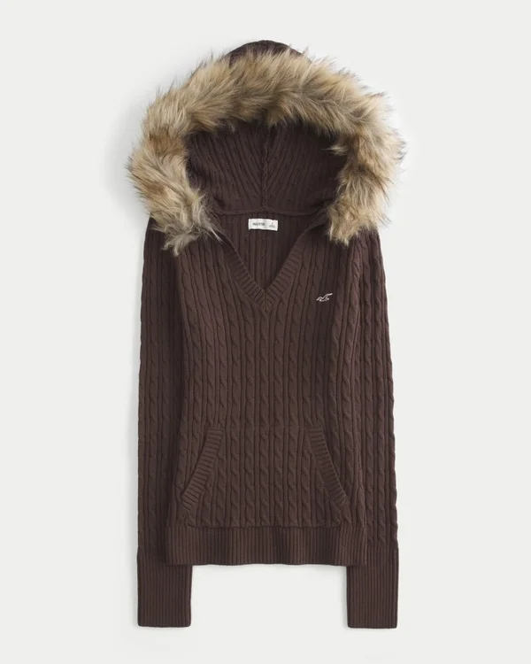 Faux Fur Trim Hooded Cable-Knit Sweater Faux Fur Trim Hooded Cable-Knit Sweater