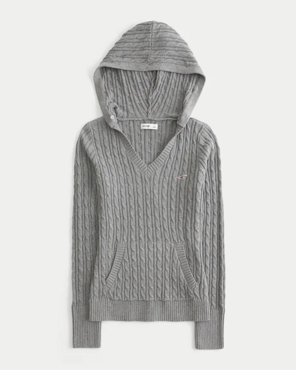 Faux Fur Trim Hooded Cable-Knit Sweater Faux Fur Trim Hooded Cable-Knit Sweater