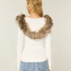 Faux Fur Trim Hooded Cable-Knit Sweater