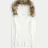 Faux Fur Trim Hooded Cable-Knit Sweater