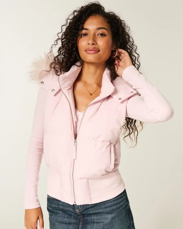 Faux Fur Trim Hooded Y2K Vest Faux Fur Trim Hooded Y2K Vest