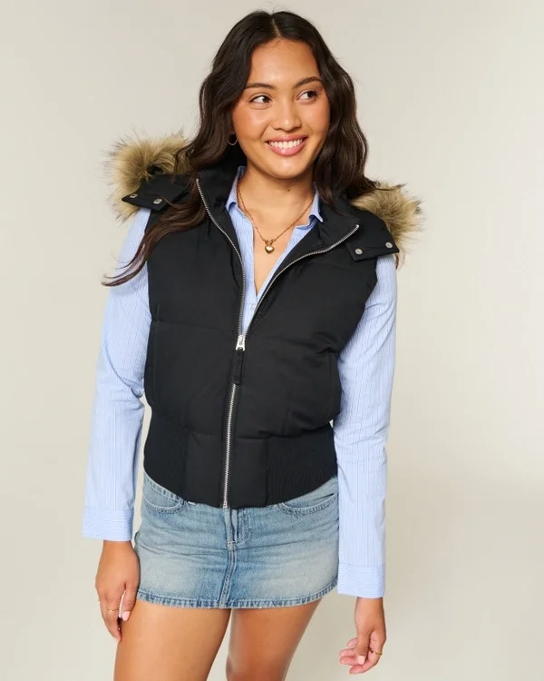 Faux Fur Trim Hooded Y2K Vest Faux Fur Trim Hooded Y2K Vest