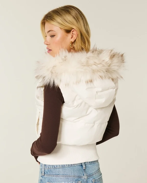Faux Fur Trim Hooded Y2K Vest Faux Fur Trim Hooded Y2K Vest