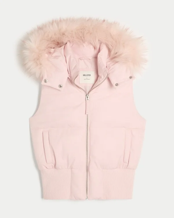Faux Fur Trim Hooded Y2K Vest Faux Fur Trim Hooded Y2K Vest