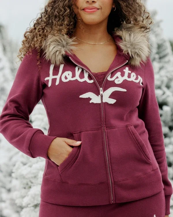 Faux Fur Trim Logo Graphic Zip-Up Hoodie Faux Fur Trim Logo Graphic Zip-Up Hoodie