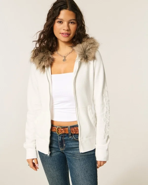 Faux Fur Trim Logo Graphic Zip-Up Hoodie Faux Fur Trim Logo Graphic Zip-Up Hoodie