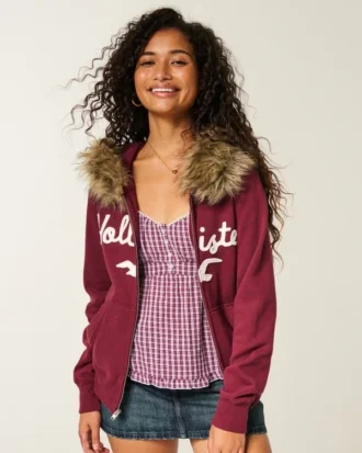 Faux Fur Trim Logo Graphic Zip-Up Hoodie