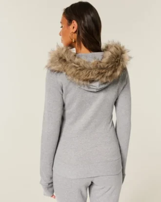 Faux Fur Trim Logo Graphic Zip-Up Hoodie