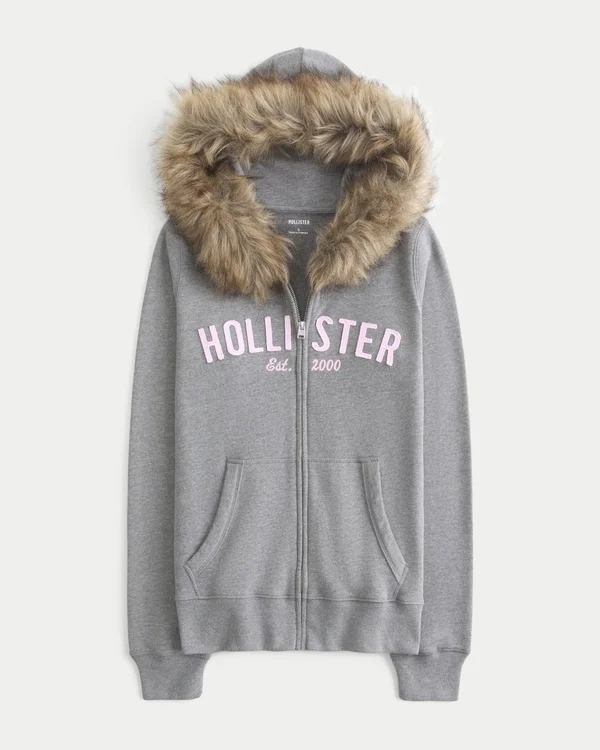 Faux Fur Trim Logo Graphic Zip-Up Hoodie Faux Fur Trim Logo Graphic Zip-Up Hoodie