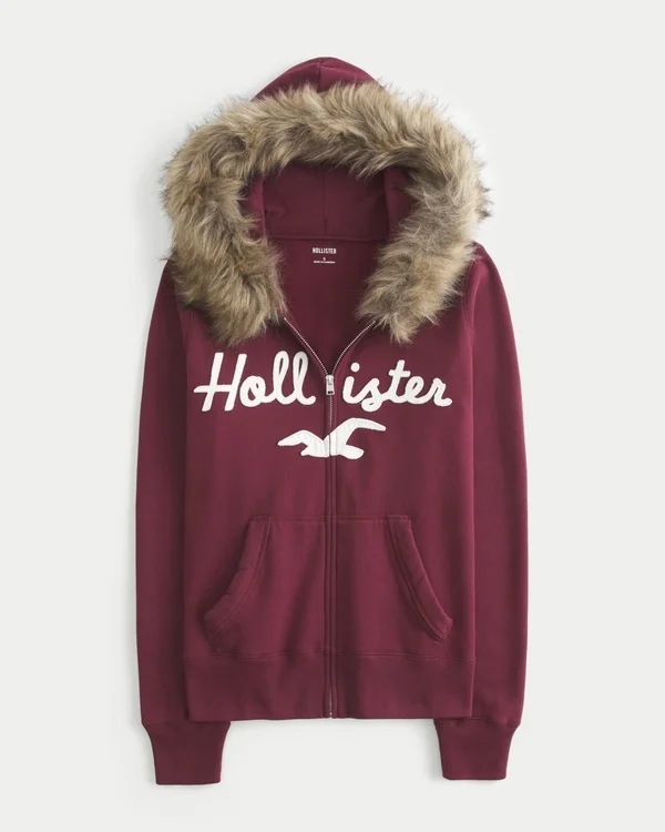 Faux Fur Trim Logo Graphic Zip-Up Hoodie Faux Fur Trim Logo Graphic Zip-Up Hoodie