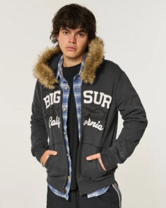 Faux Fur Trim Zip-Up Big Sur Graphic Hoodie