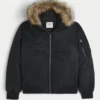 Faux Fur Trim Zip-Up Bomber Jacket