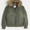 Faux Fur Trim Zip-Up Bomber Jacket