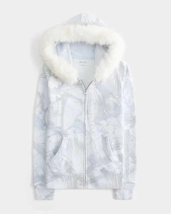 Faux Fur Trim Zip-Up Camo Hoodie Faux Fur Trim Zip-Up Camo Hoodie