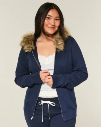 Faux Fur Trim Zip-Up Hoodie