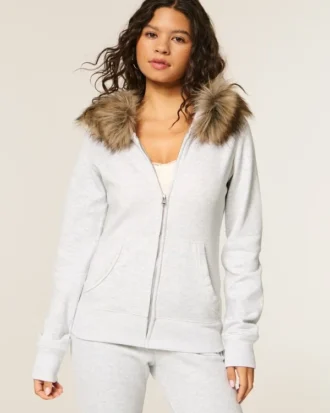 Faux Fur Trim Zip-Up Hoodie
