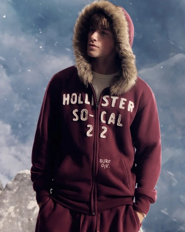 Faux Fur Trim Zip-Up Logo Graphic Hoodie Faux Fur Trim Zip-Up Logo Graphic Hoodie