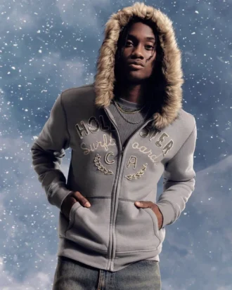 Faux Fur Trim Zip-Up Logo Graphic Hoodie