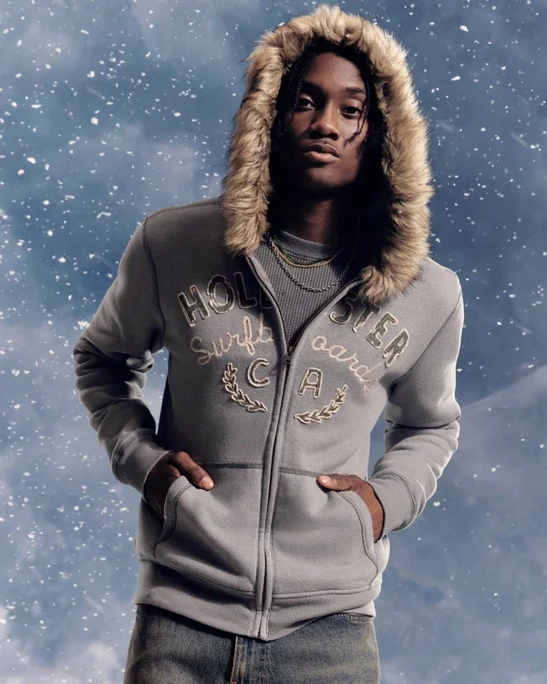 Faux Fur Trim Zip-Up Logo Graphic Hoodie Faux Fur Trim Zip-Up Logo Graphic Hoodie