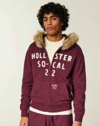 Faux Fur Trim Zip-Up Logo Graphic Hoodie