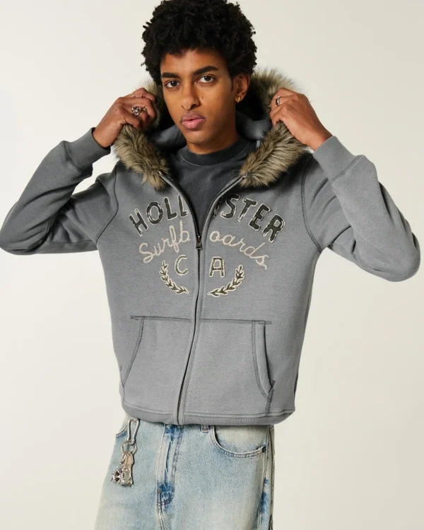 Faux Fur Trim Zip-Up Logo Graphic Hoodie Faux Fur Trim Zip-Up Logo Graphic Hoodie
