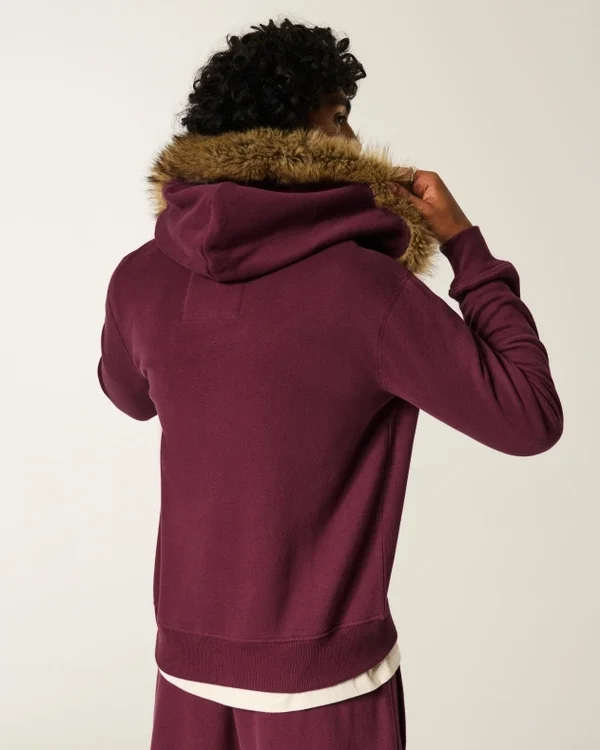 Faux Fur Trim Zip-Up Logo Graphic Hoodie Faux Fur Trim Zip-Up Logo Graphic Hoodie