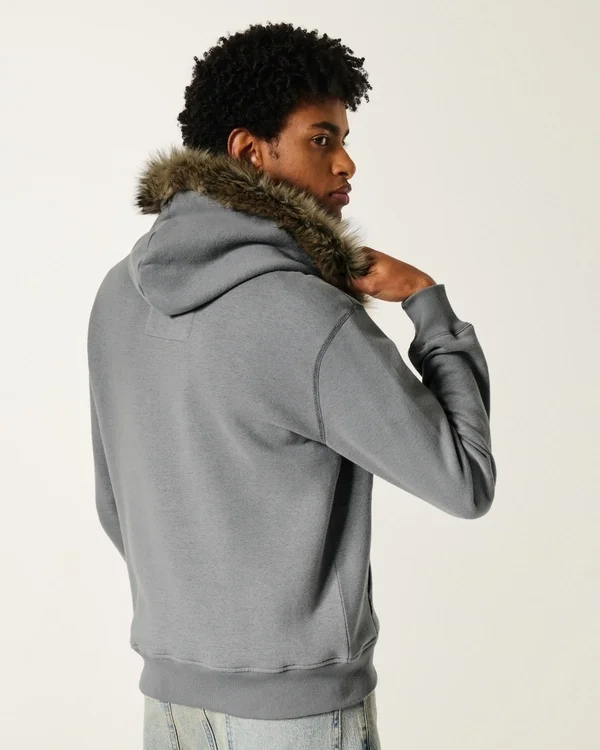 Faux Fur Trim Zip-Up Logo Graphic Hoodie Faux Fur Trim Zip-Up Logo Graphic Hoodie