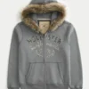 Faux Fur Trim Zip-Up Logo Graphic Hoodie Faux Fur Trim Zip-Up Logo Graphic Hoodie