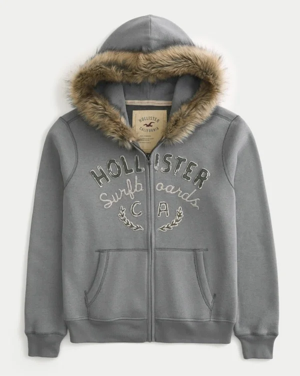 Faux Fur Trim Zip-Up Logo Graphic Hoodie Faux Fur Trim Zip-Up Logo Graphic Hoodie
