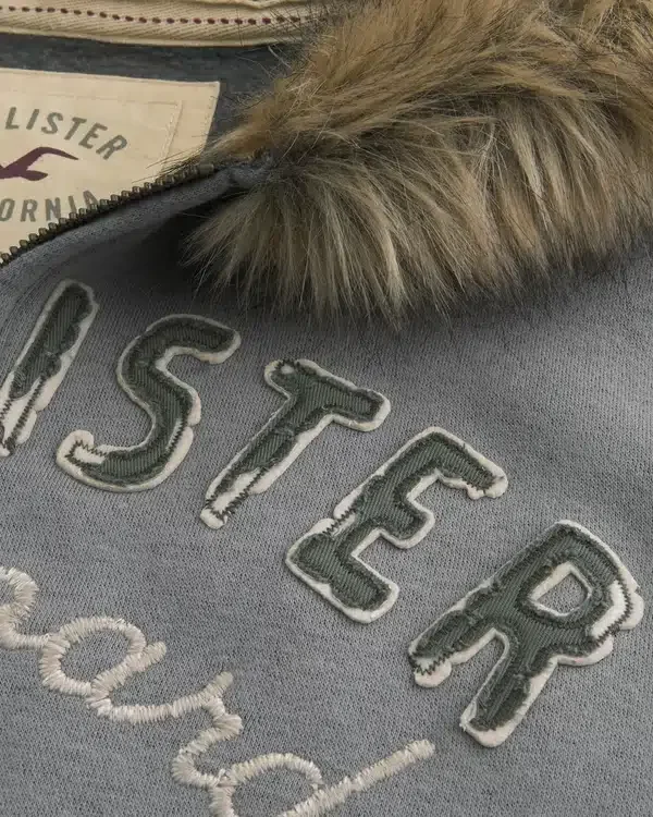 Faux Fur Trim Zip-Up Logo Graphic Hoodie Faux Fur Trim Zip-Up Logo Graphic Hoodie