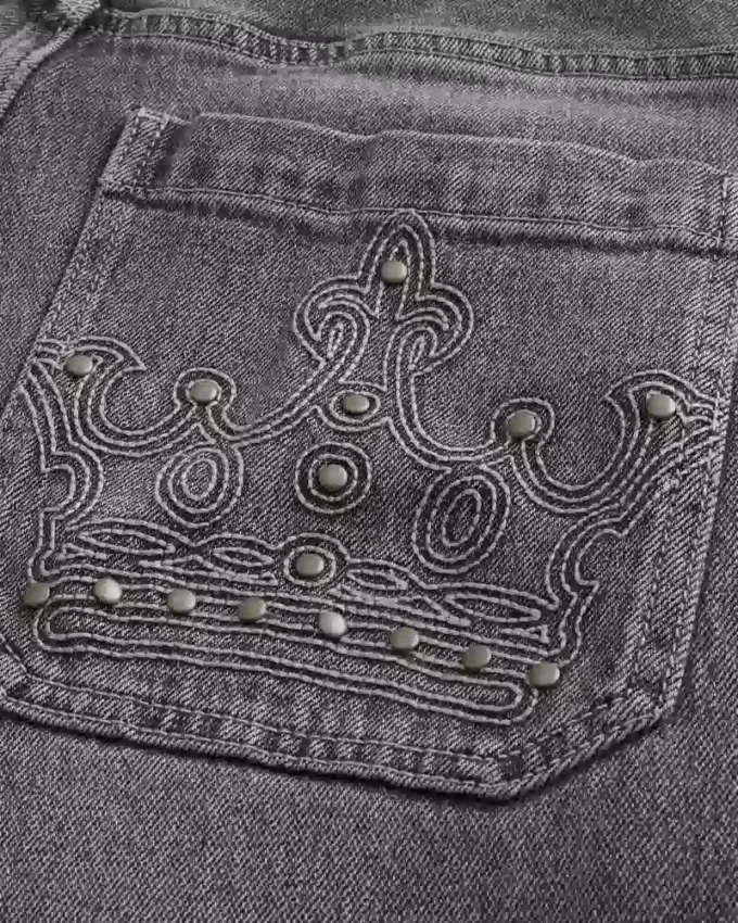 Grey Embroidered Studded Skater Baggy Jeans