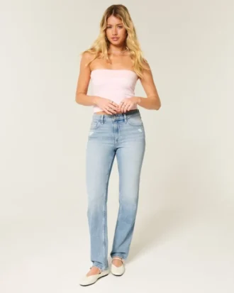 High-Rise Distressed Light Wash Straight Jeans