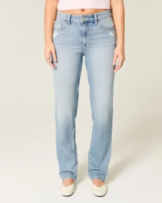 High-Rise Distressed Light Wash Straight Jeans