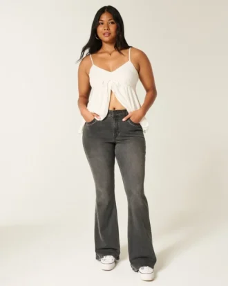 High-Rise Washed Black Embroidered Flare Jeans