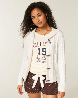 Holiday Vault Release Hooded Cable-Knit Toggle Cardigan