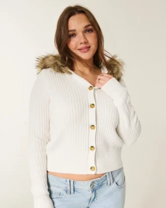 Hooded Faux Fur Trim Cardigan