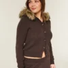 Hooded Faux Fur Trim Cardigan
